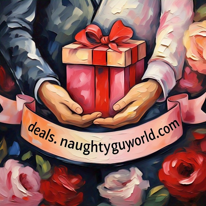 Romantic gift box held by two hands, surrounded by roses, with deals.naughtyguyworld.com banner